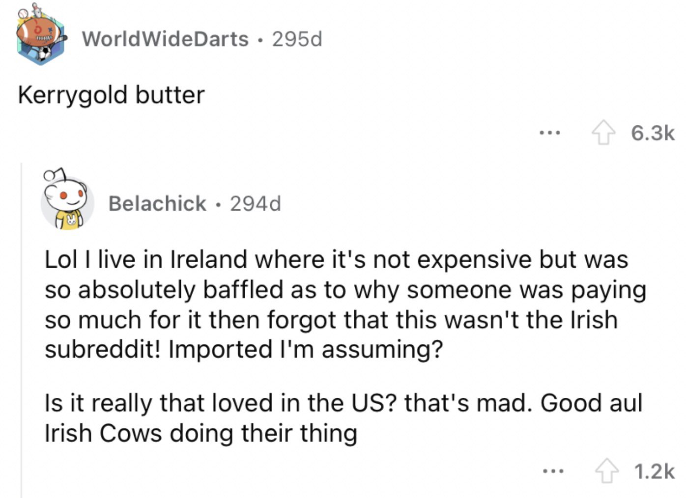 Reddit screenshot of someone talking about Kerrygold butter.