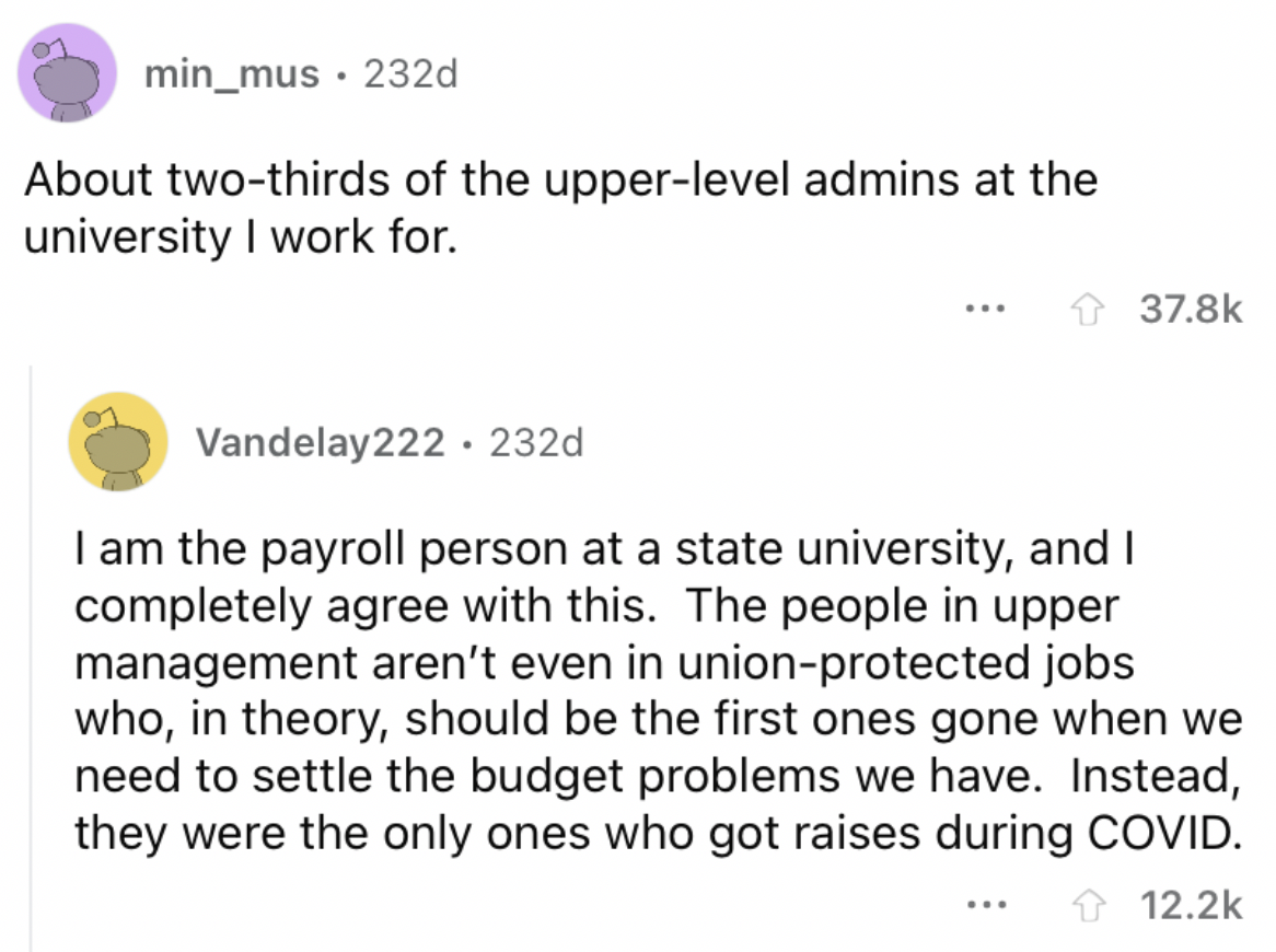 Reddit screenshot about how upper level admins are overpaid