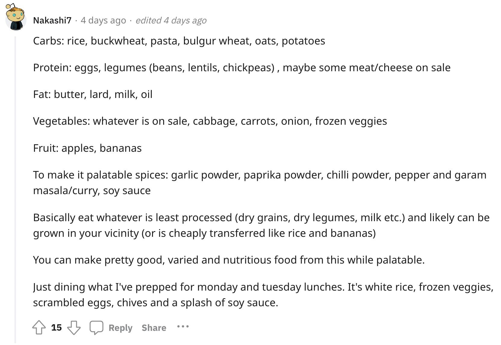 Reddit screenshot about meal prep being helpful in saving money.