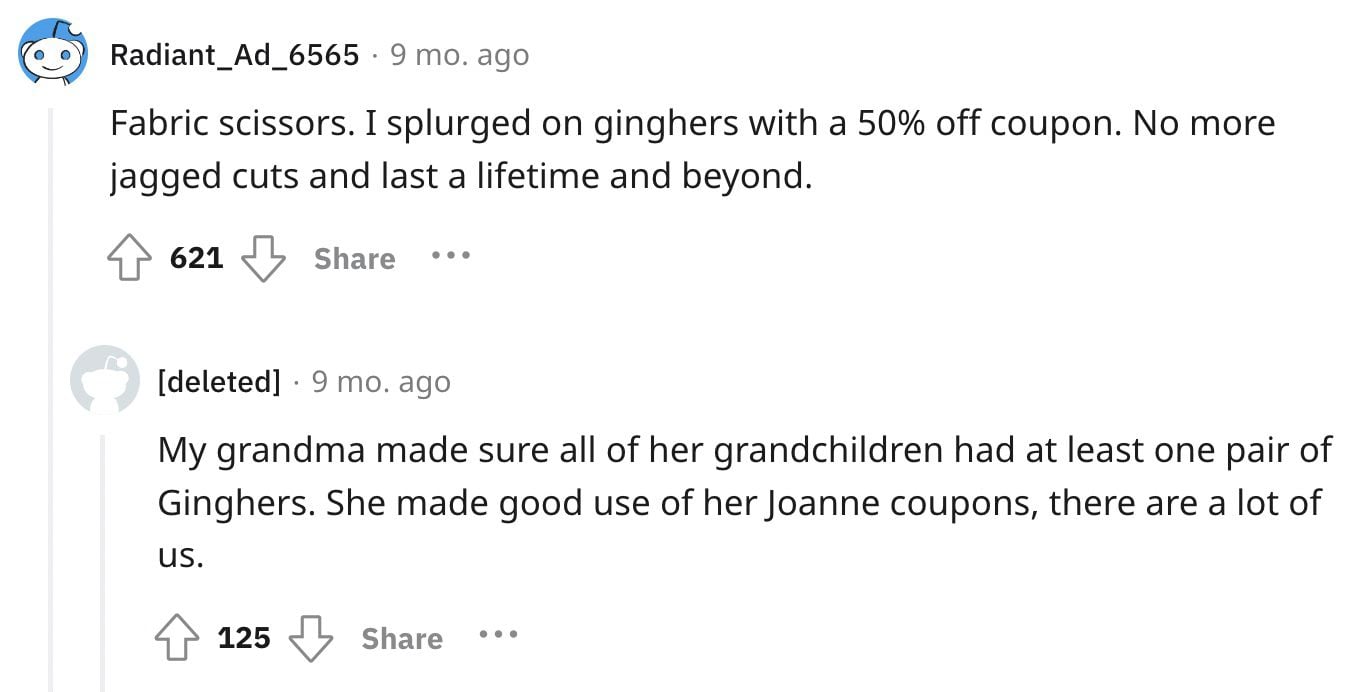 Reddit screenshot about the value of fabric scissors.