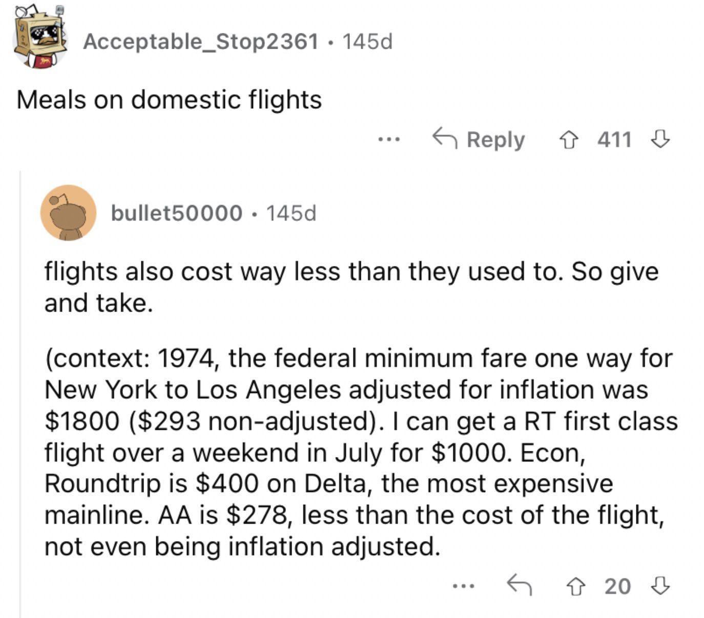 Reddit screenshot about high prices of meals on domestic flights.