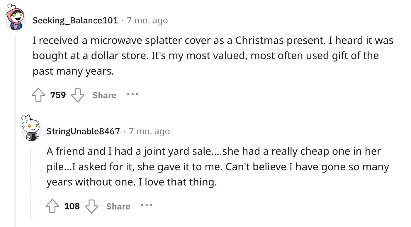Reddit screenshot about the value of a microwave splatter cover.