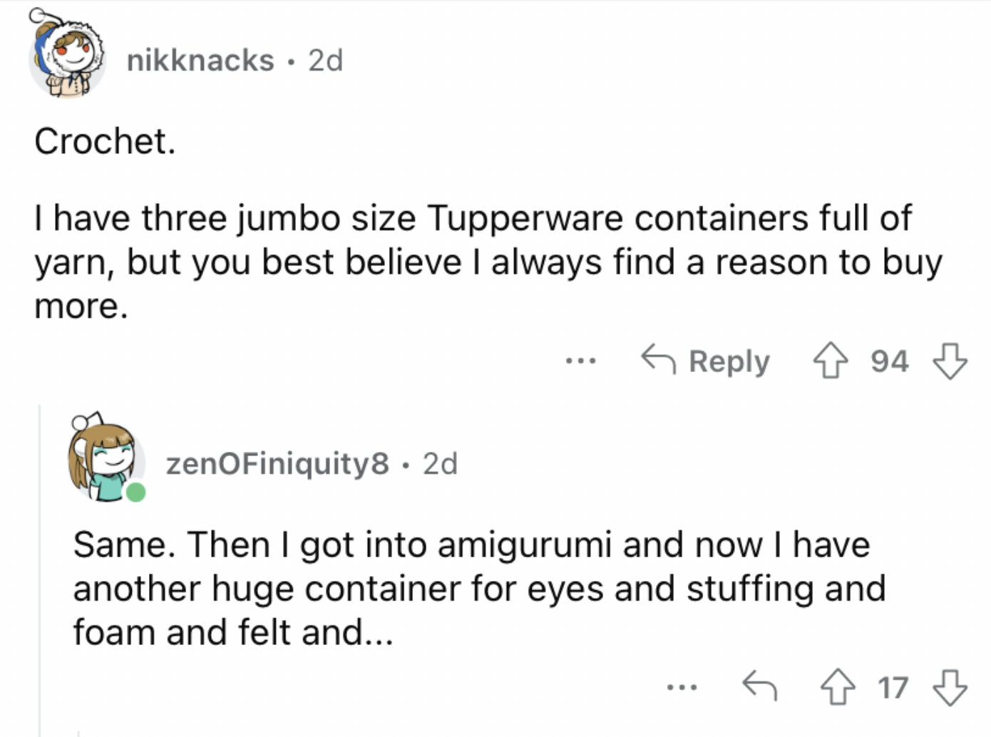 Reddit screenshot of someone who is deeply invested in crochet.