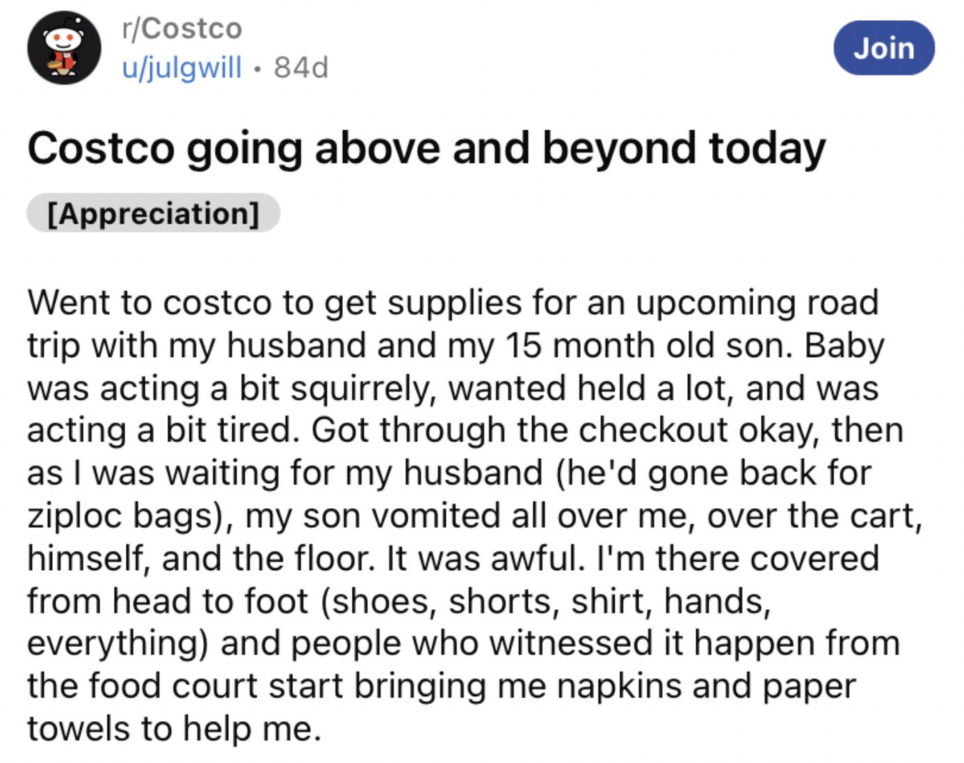 Reddit screenshot about Costco customer service going above and beyond.