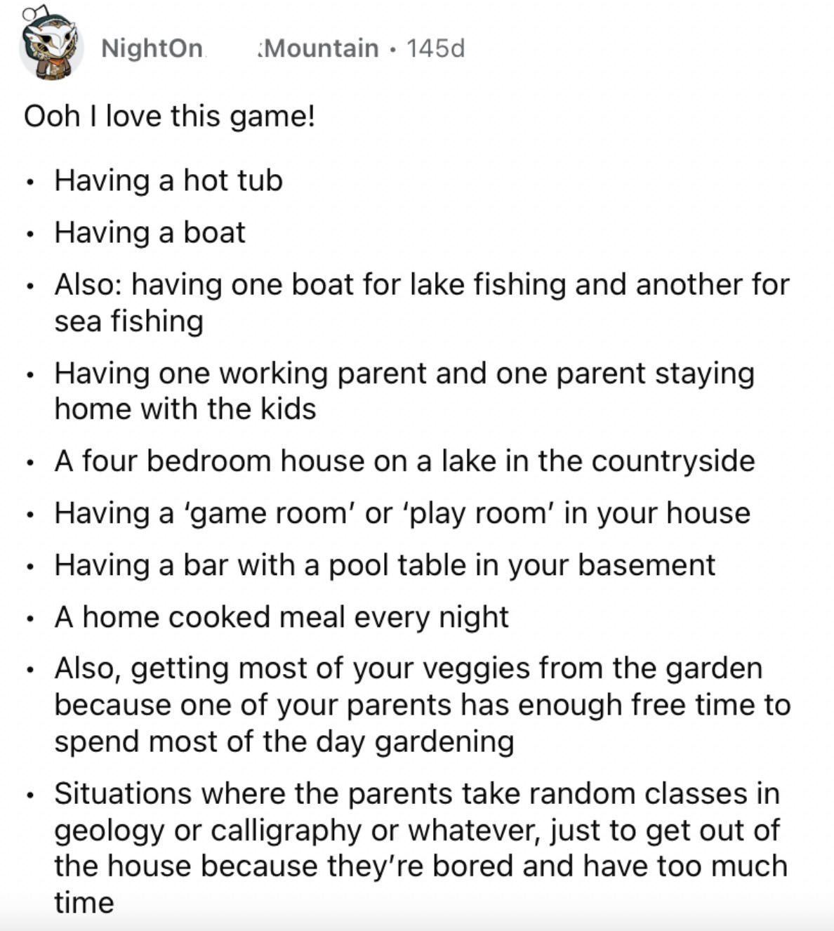 Reddit screenshot about a list of things that are now luxuries.