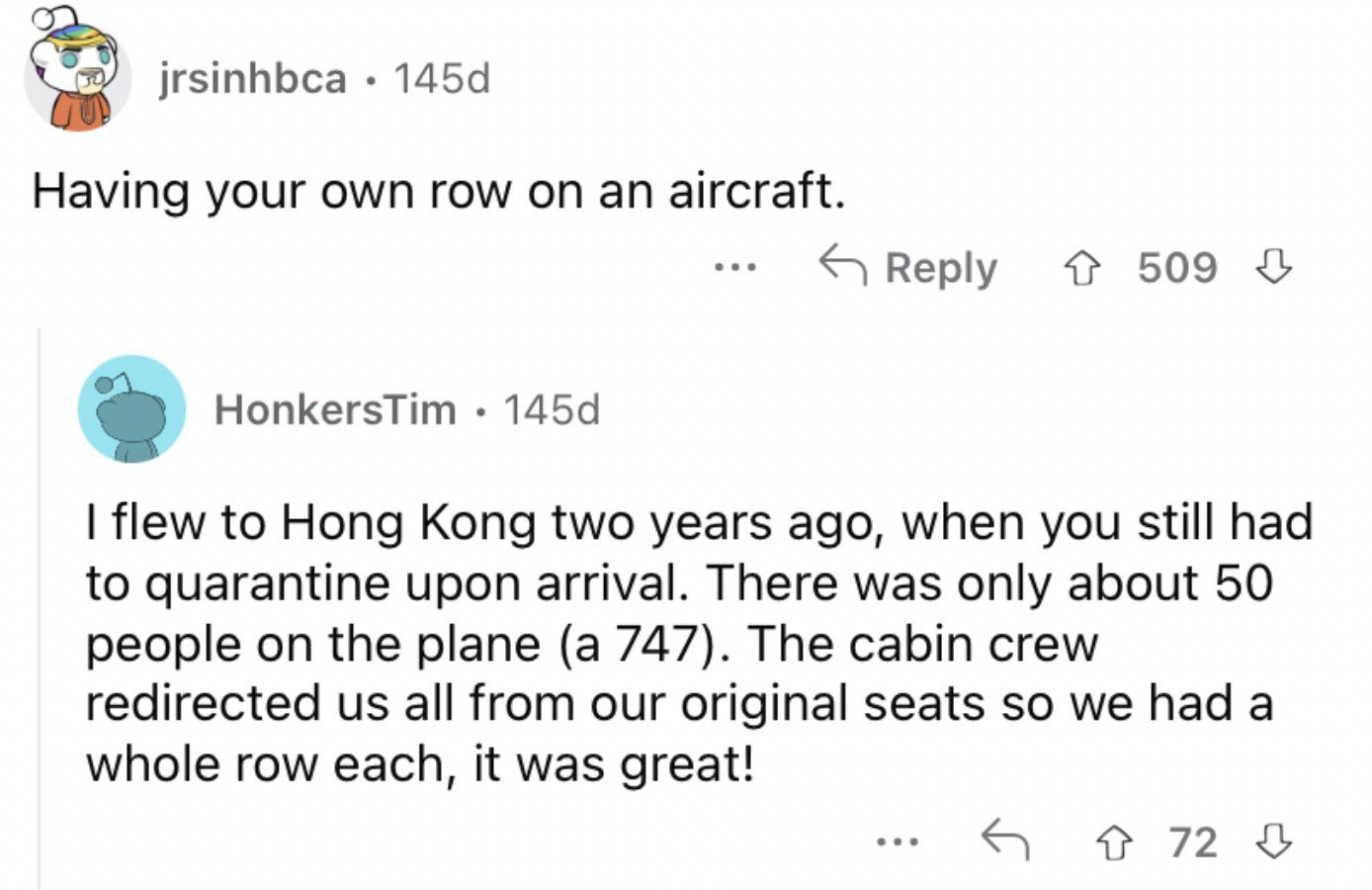 Reddit screenshot about how having your own row on an aircraft is wild nowadays.