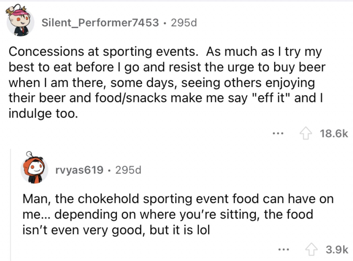 Reddit screenshot about how concessions at sporting stands are crazy tempting.