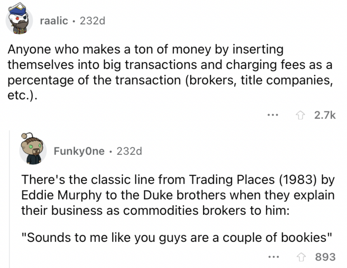Reddit screenshot about how brokers and/or title companies are overpaid.