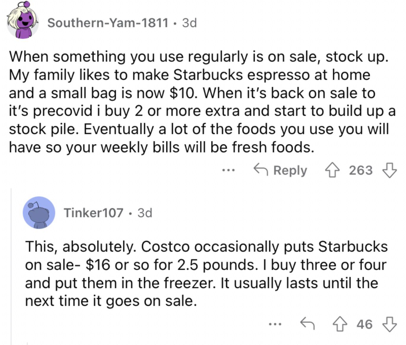 Reddit screenshot on stocking up on products that are on sale.