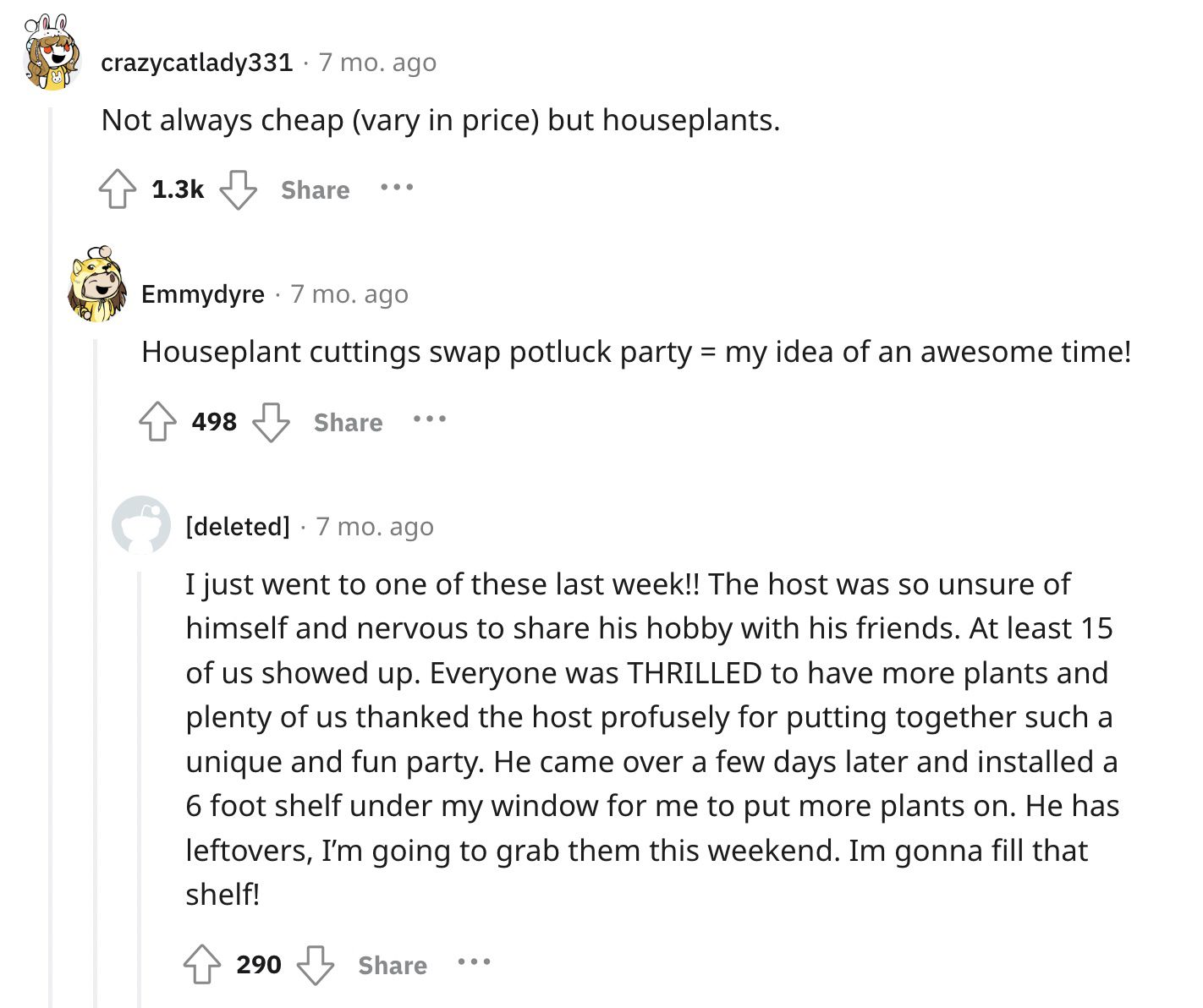 Reddit screenshot about the value of houseplants.