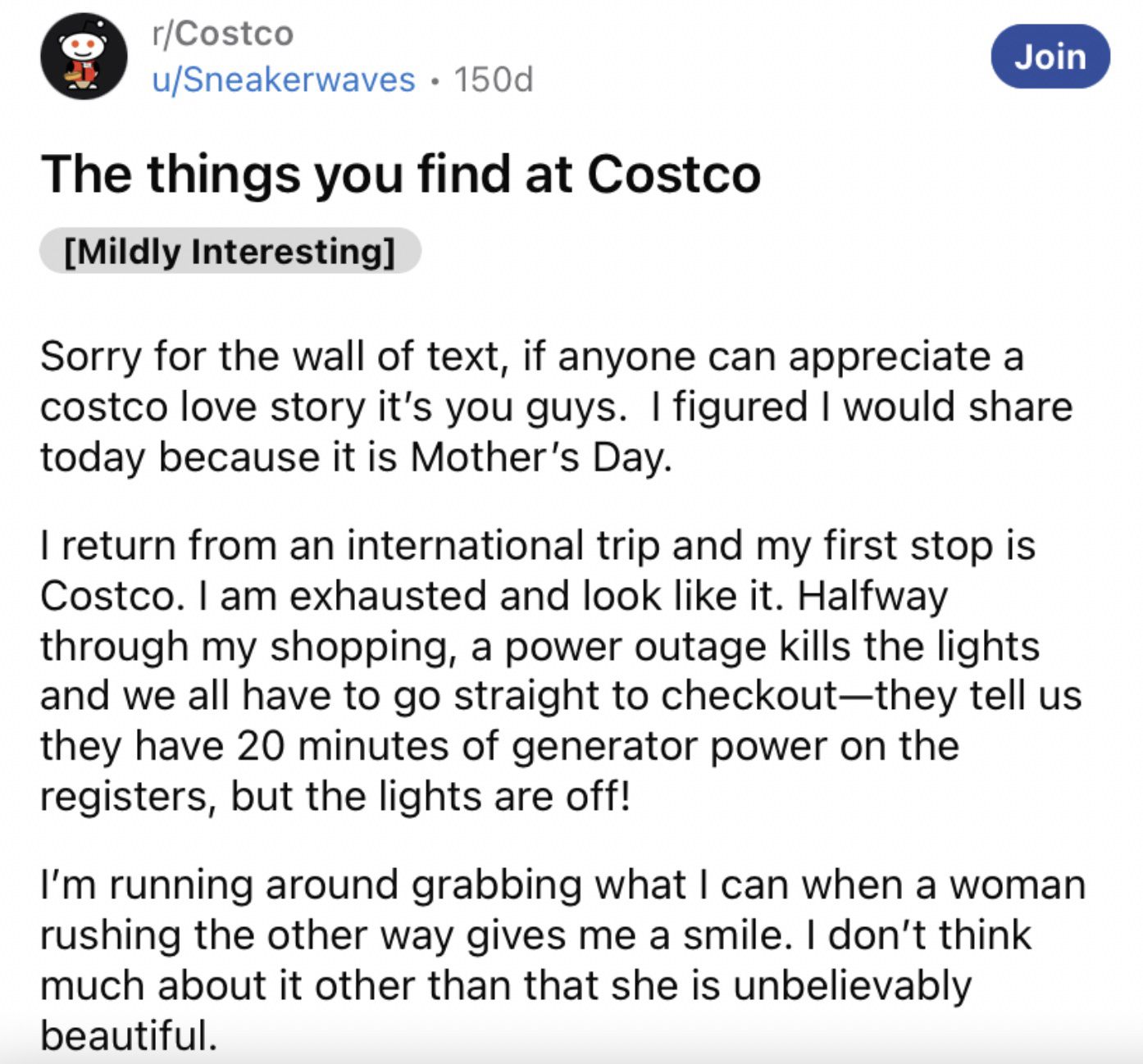 Reddit screenshot about couple finding love at Costco.