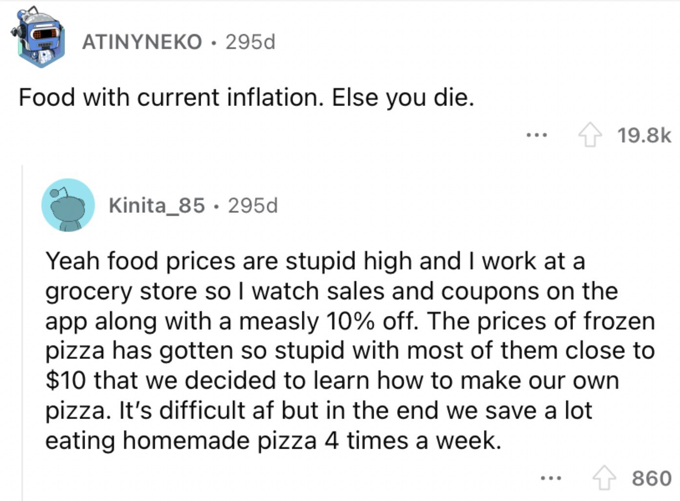 Reddit screenshot about rising costs of food with current inflation.
