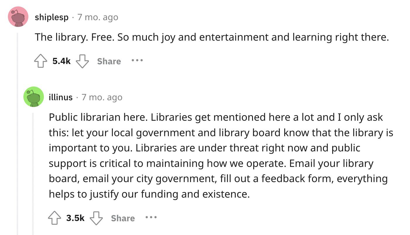 Reddit screenshot about the value of libraries.