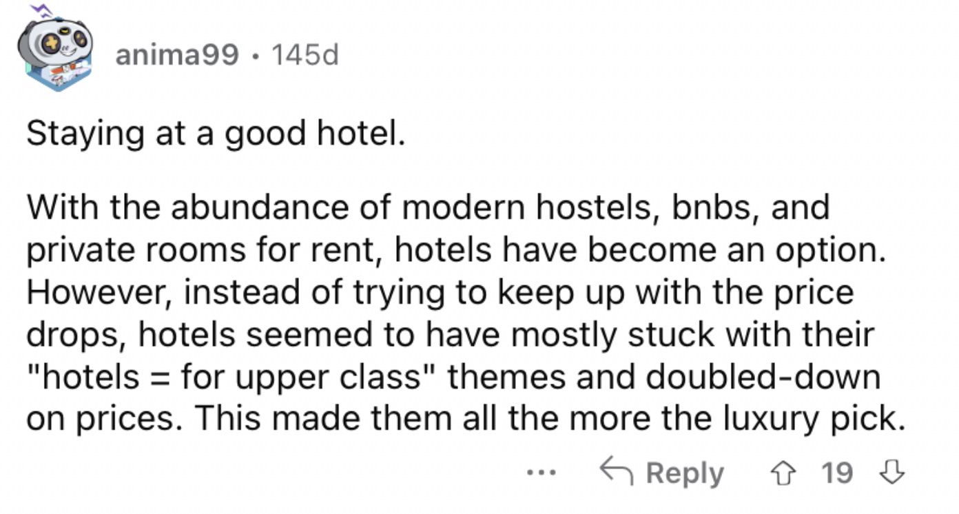 Reddit screenshot about how pricey it can be to stay at a good hotel.