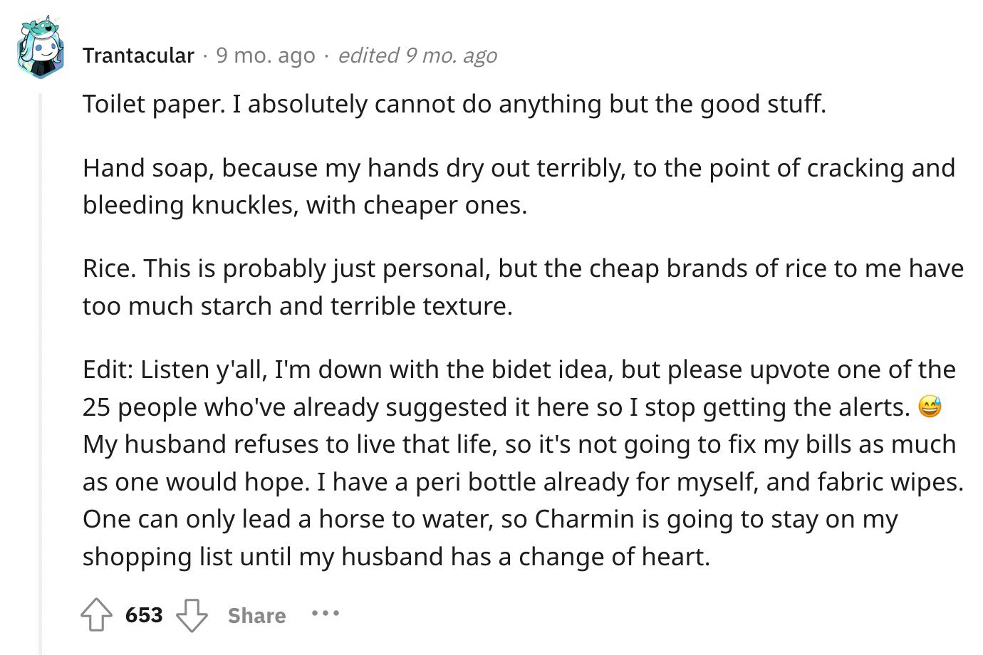 Reddit screenshot about nice toilet paper being worth it.