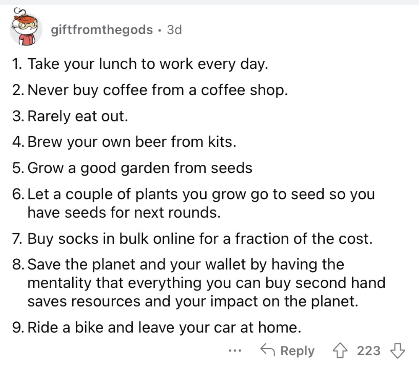 Reddit screenshot of numerous ways to save money.