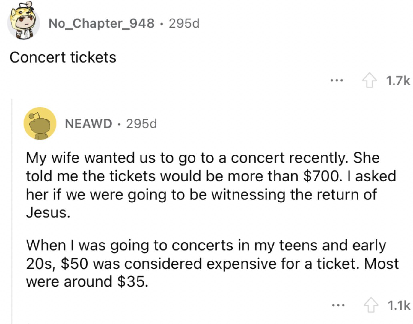 Reddit screenshot about how concert tickets are getting increasingly expensive.