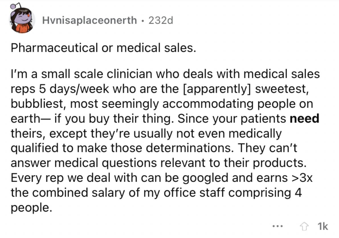 Reddit screenshot about how pharmaceutical sales jobs are overpaid