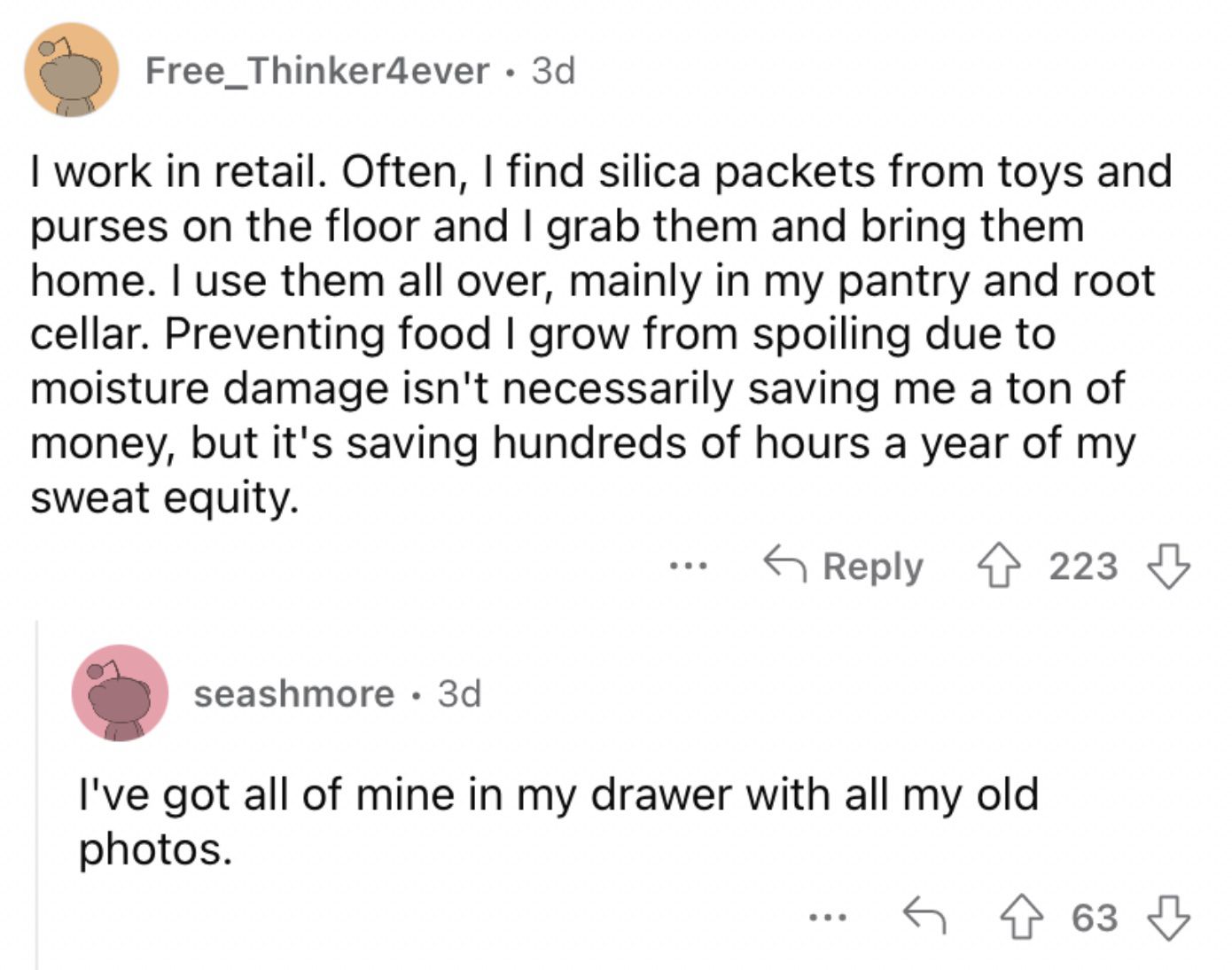 Reddit screenshot about the value of saving silica packets.