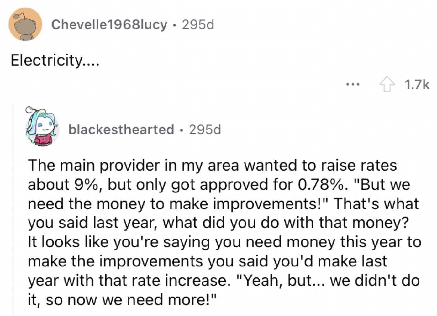 Reddit screenshot about rising costs of electricity.