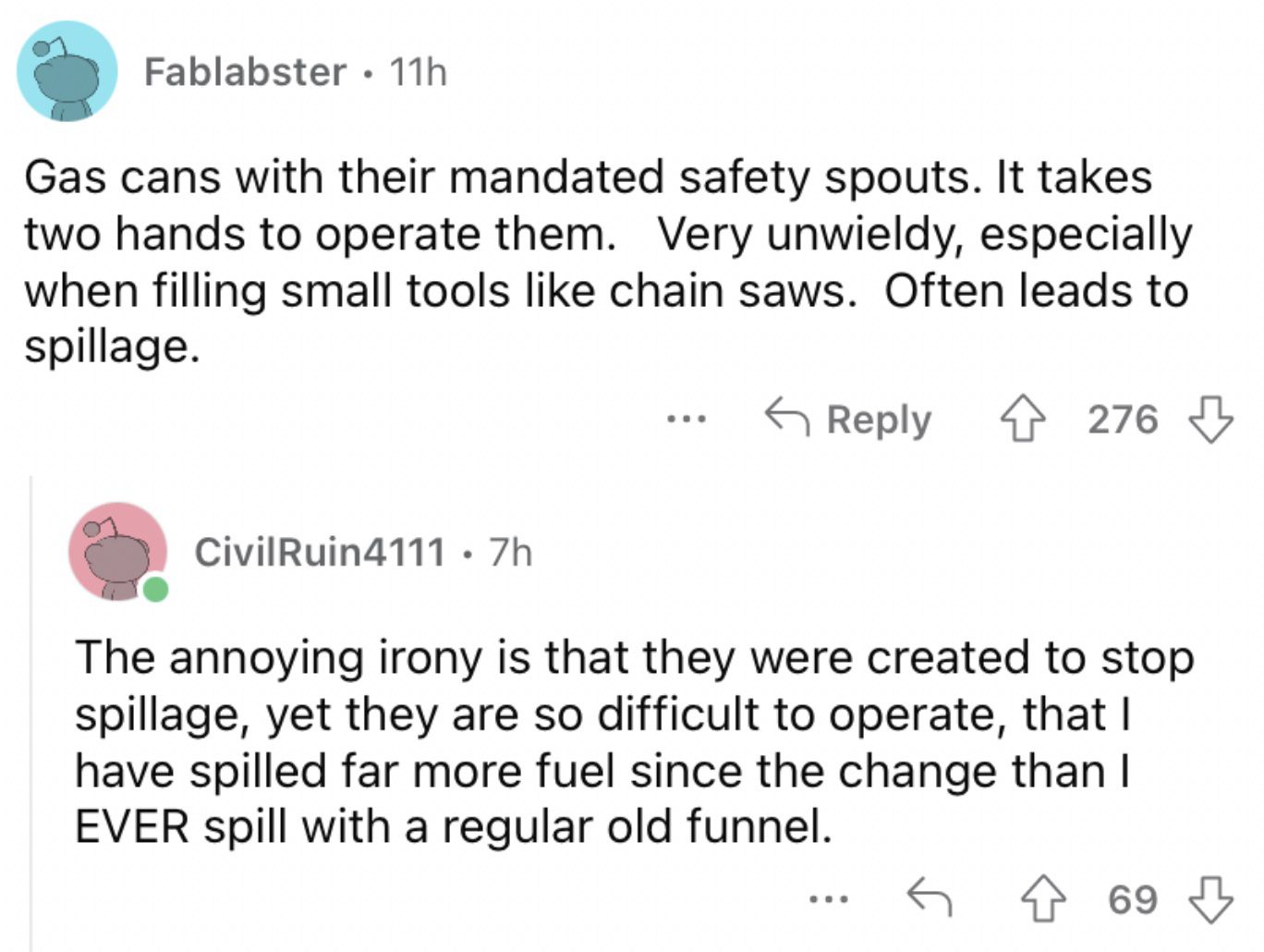 Reddit screenshot about unnecessary gas spillage from gas cans.