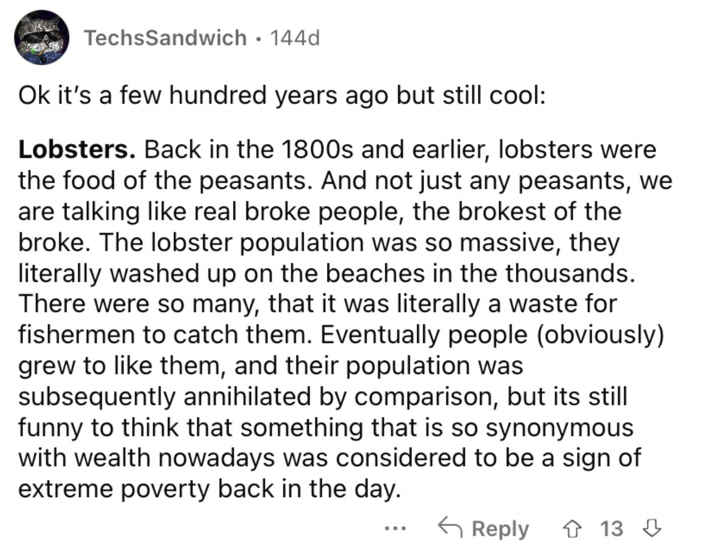 Reddit screenshot about how lobsters are luxurious.