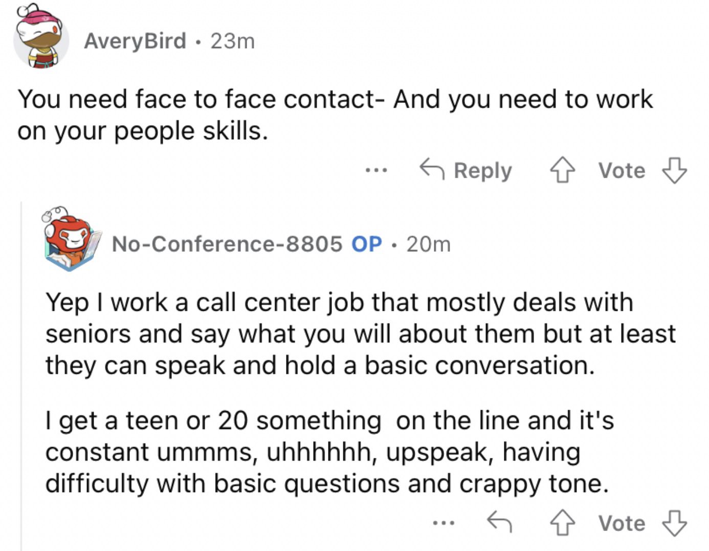 Reddit screenshot about the value of having decent people skills.