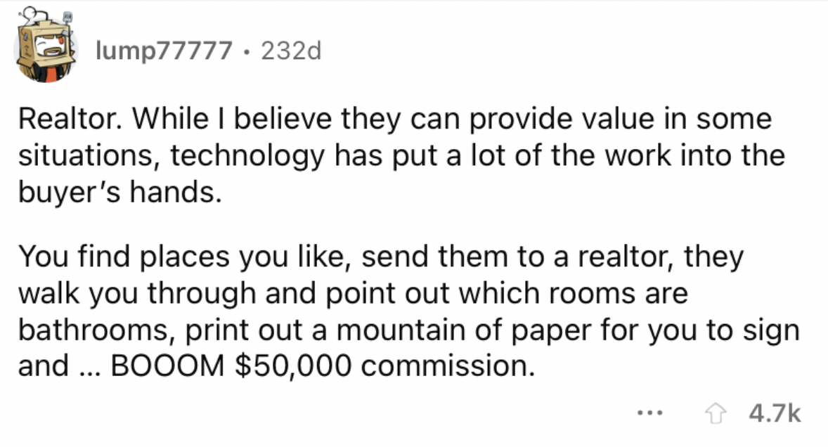 Reddit screenshot about how realtor jobs can be overpaid.