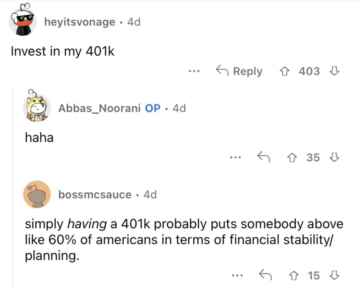 Reddit screenshot of someone talking about investing in their 401k