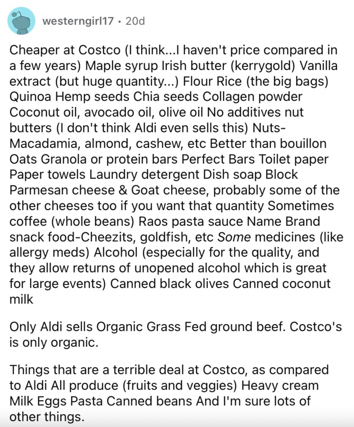 Reddit screenshot about all the items that are cheaper at Costco.