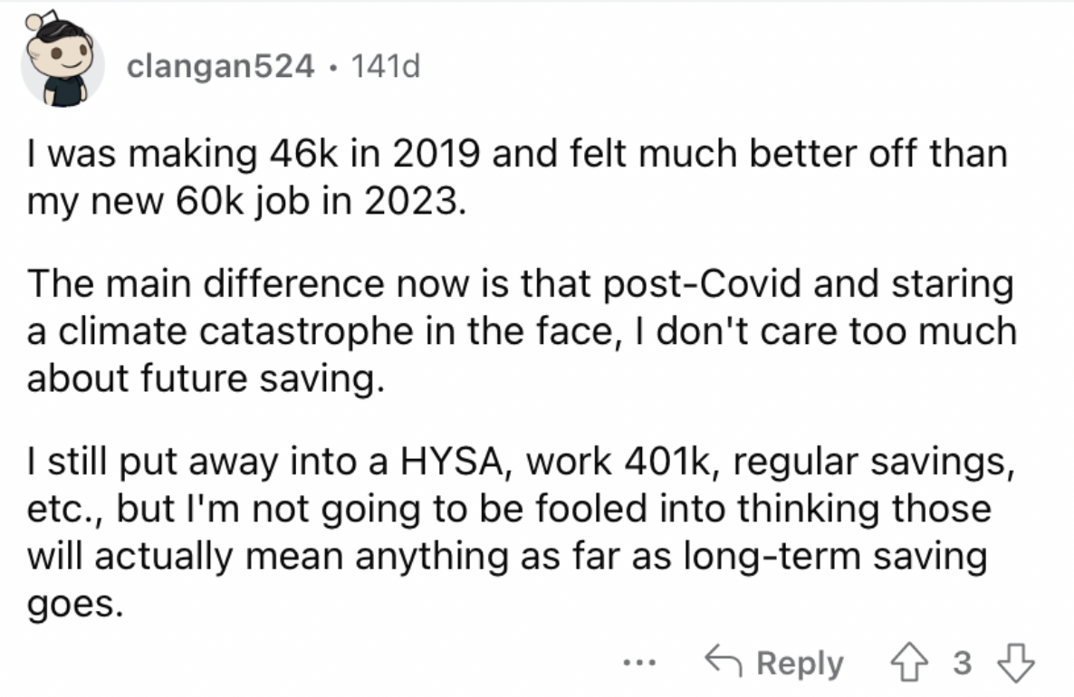 Reddit screenshot about someone not even caring about savings anymore.