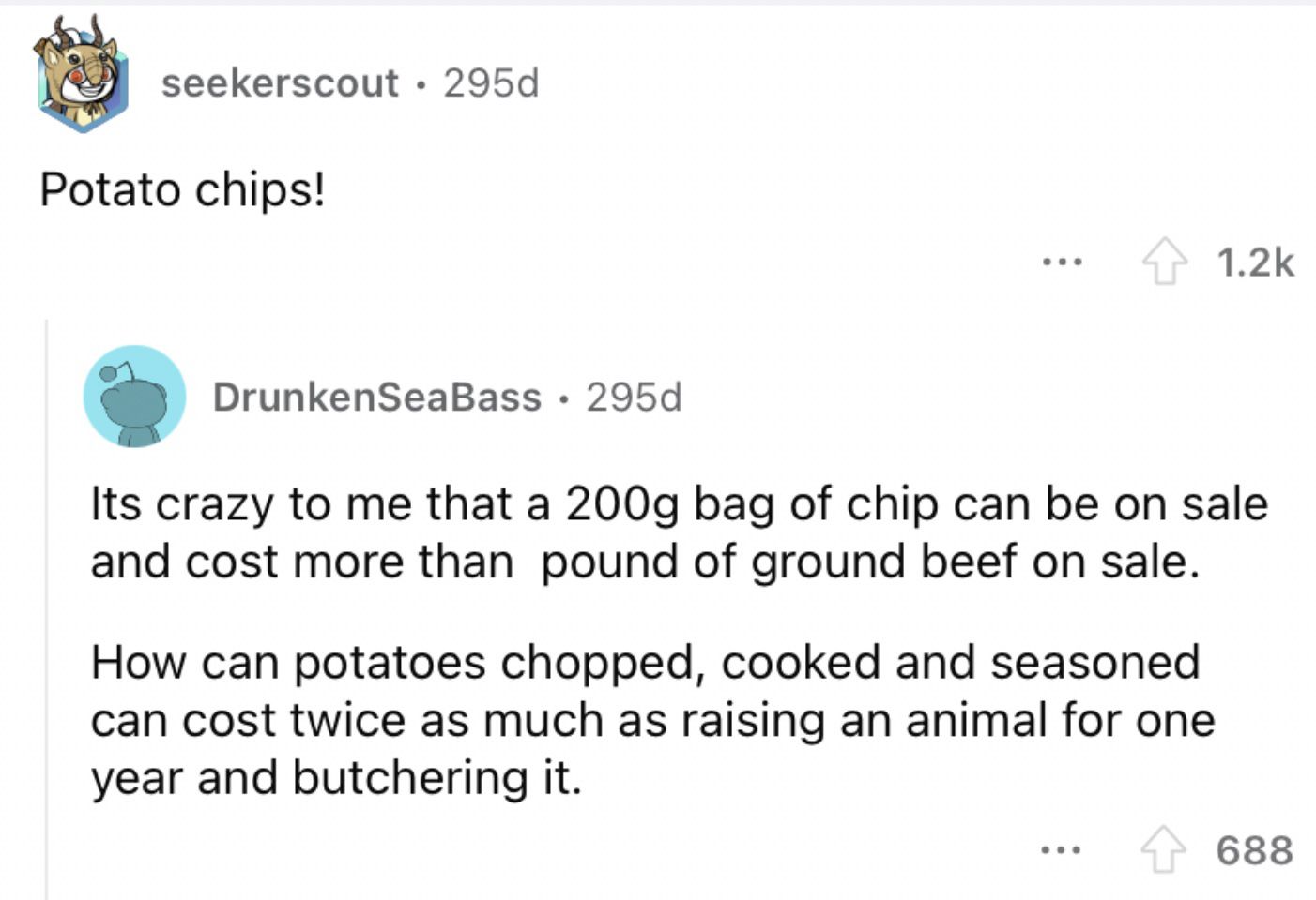 Reddit screenshot about how potato chips are getting more expensive.