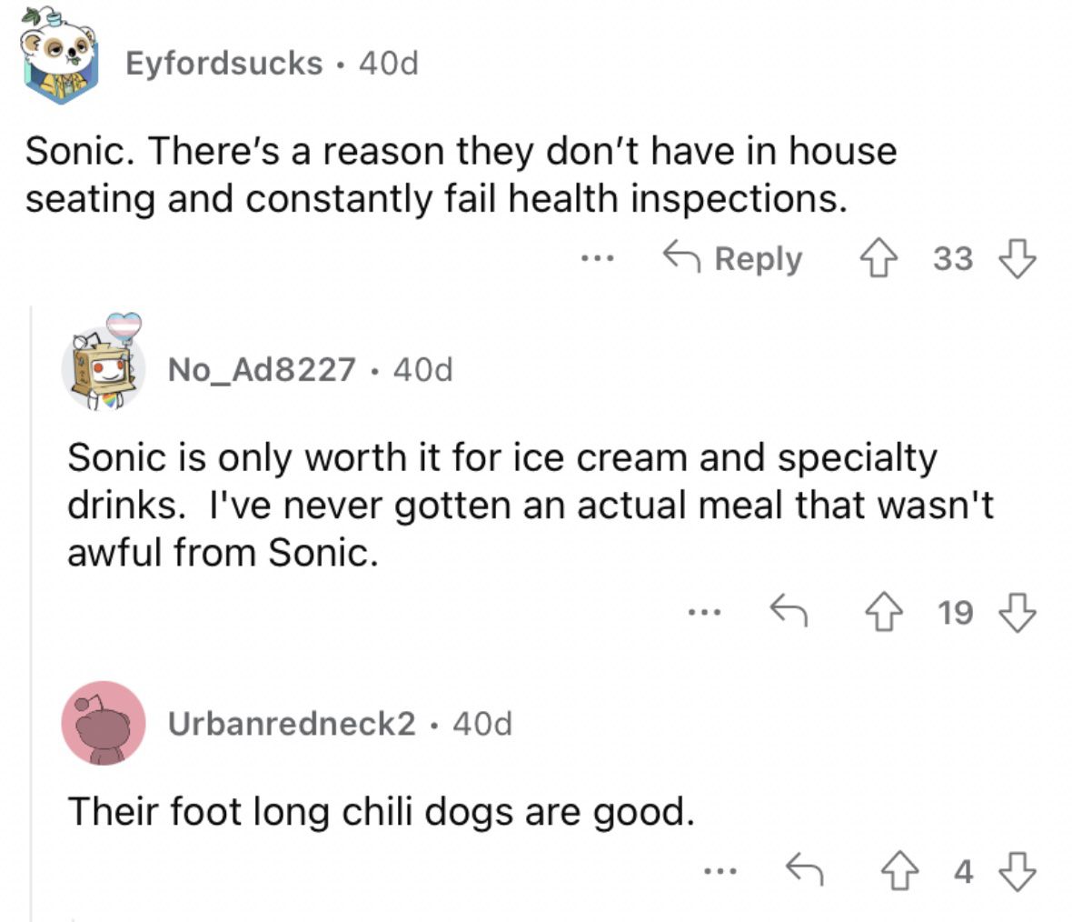 Reddit screenshot about Sonic always failing in-house health inspections.