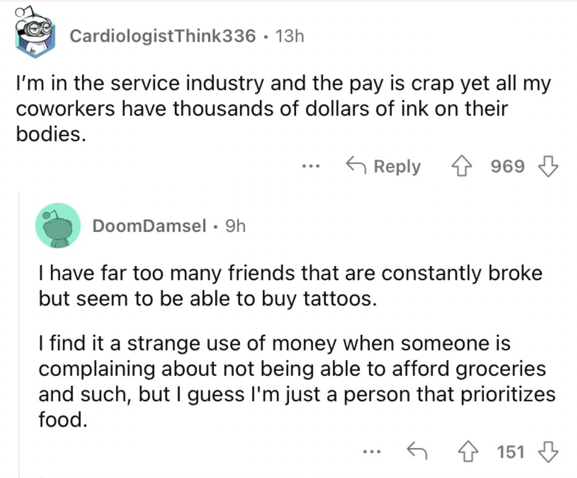 Reddit screenshot about how wild it is that people in the service industry can afford tattoos.
