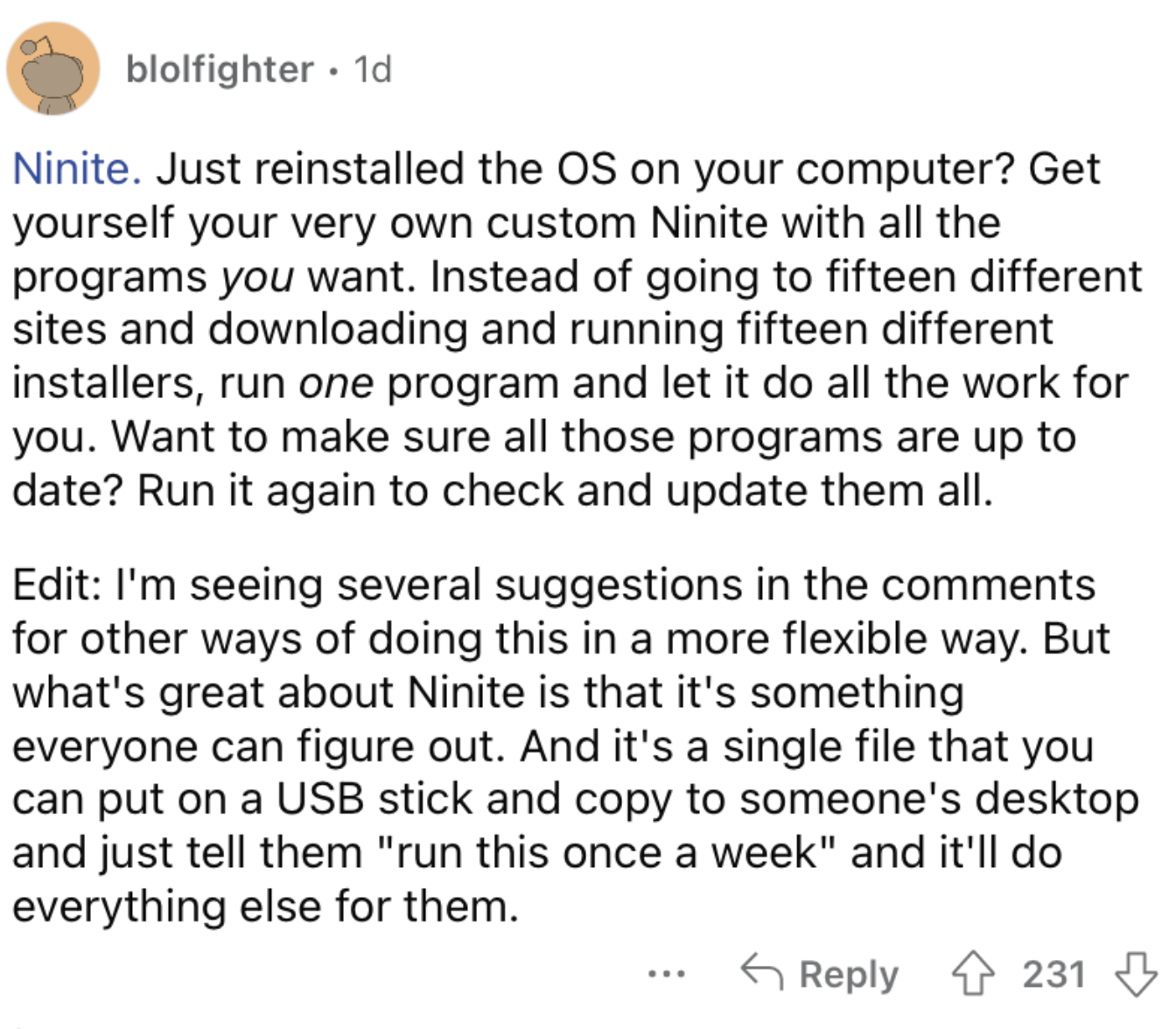 Reddit screenshot about ninite being a great app.