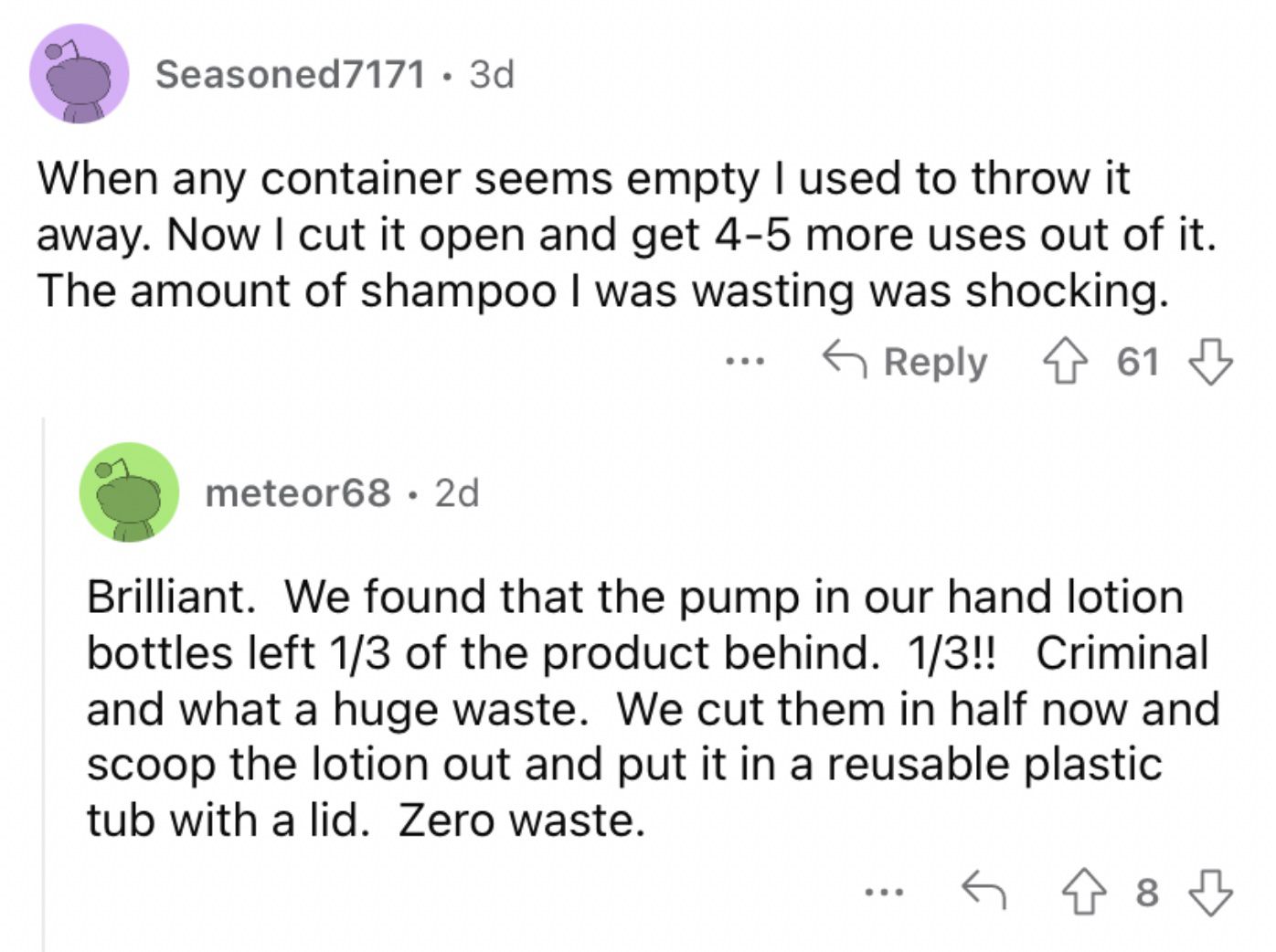 Reddit screenshot on value of cutting open containers to get more use out of them.
