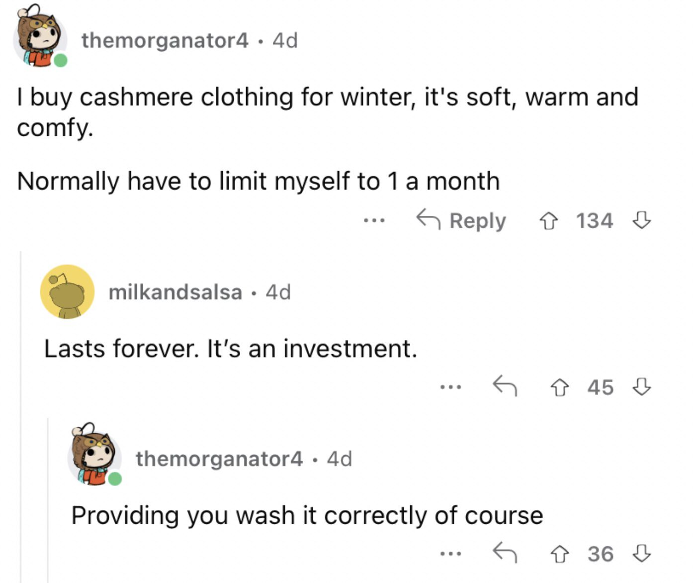 Reddit screenshot of someone talking about buying fancy cashmere clothing