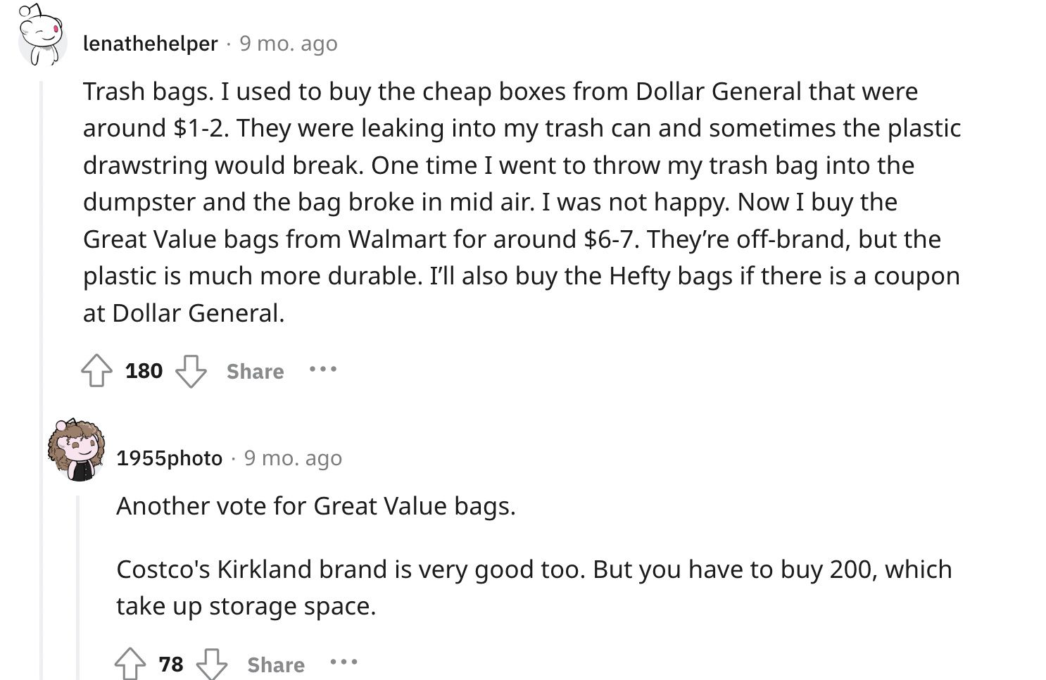 Reddit screenshot about the value of buying nicer trash bags.