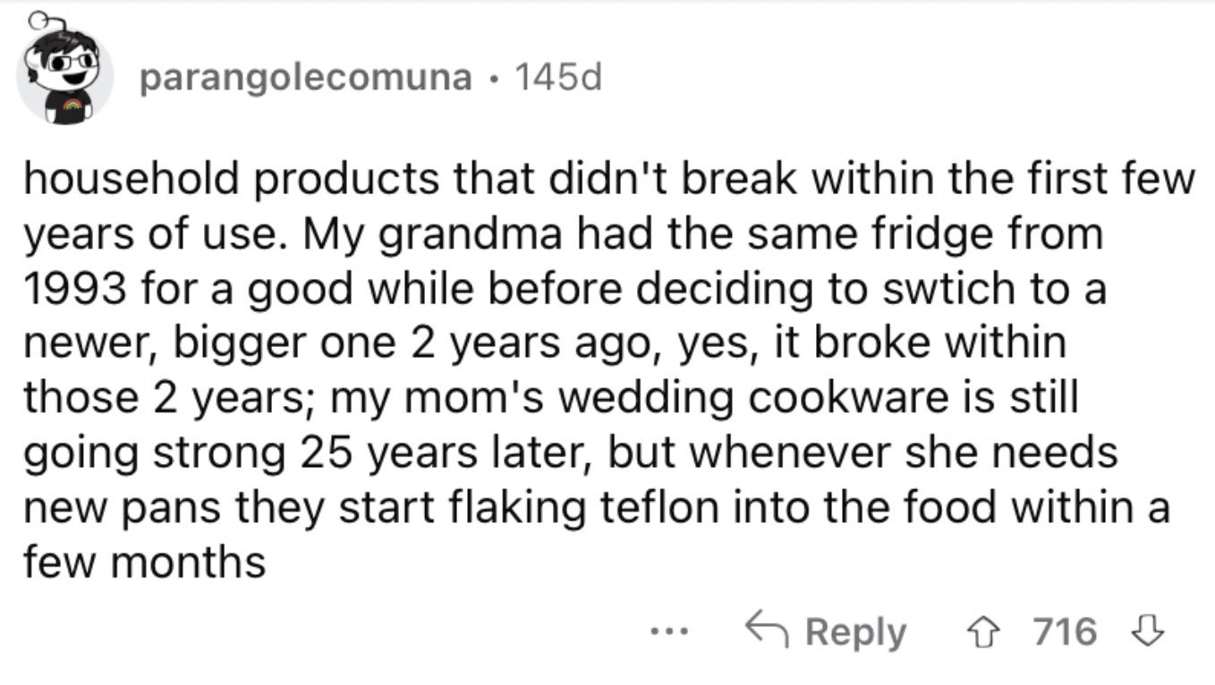 Reddit screenshot about household products degrading in quality over the decades.