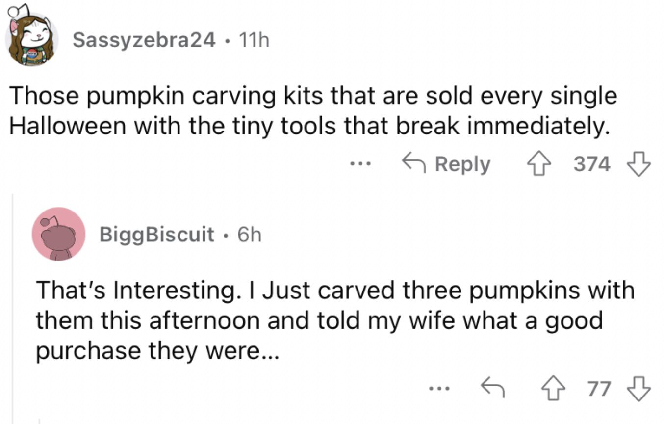 Reddit screenshot about how pumpkin carving kits are absolutely terrible.