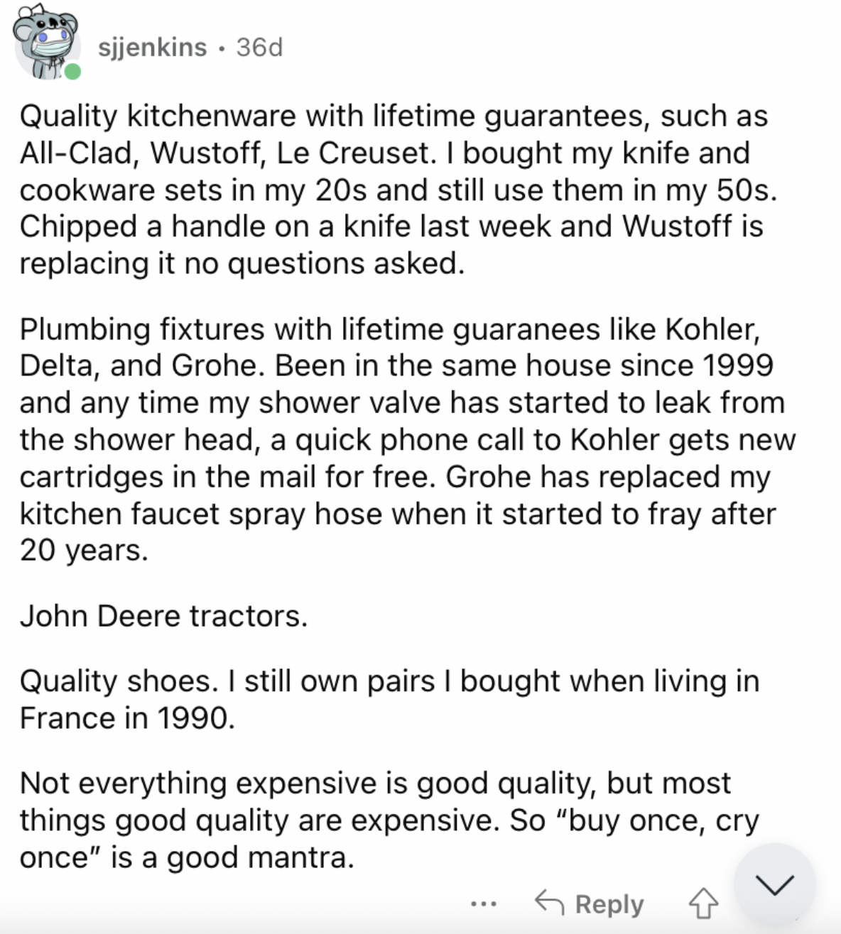 Reddit screenshot about the value of quality kitchenware.