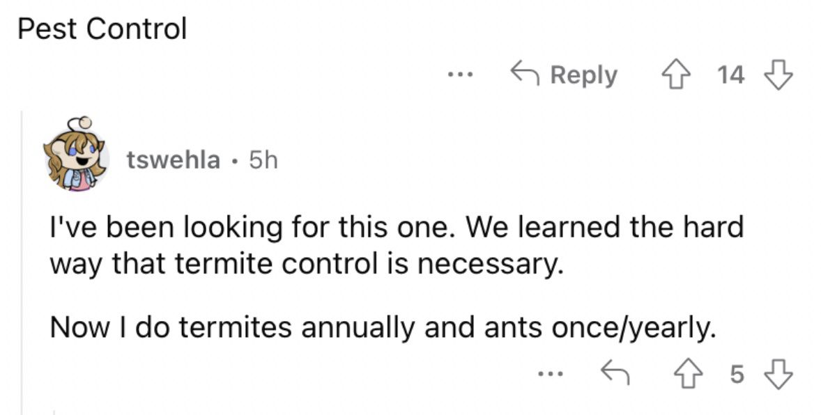 Reddit screenshot about the value of pest control