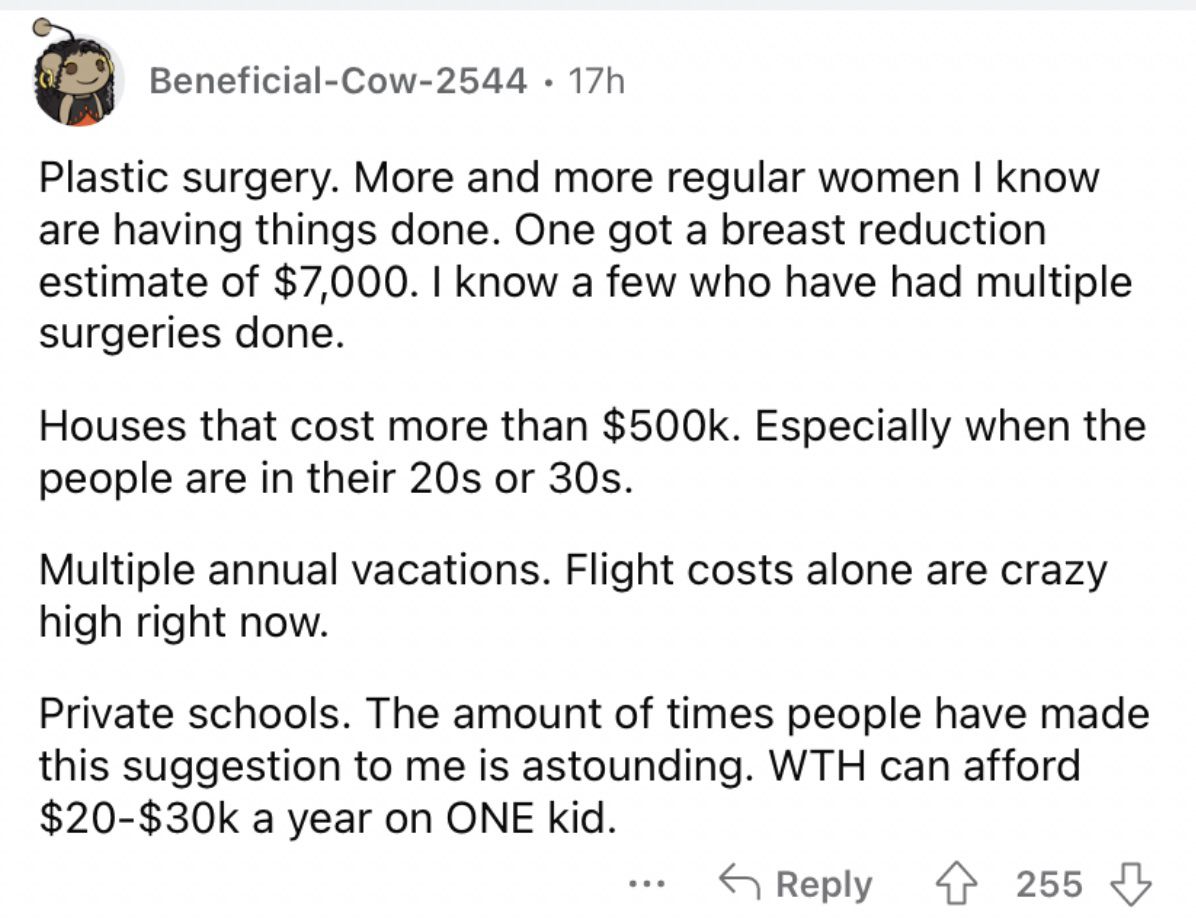 Reddit screenshot about how expensive plastic surgery can be.