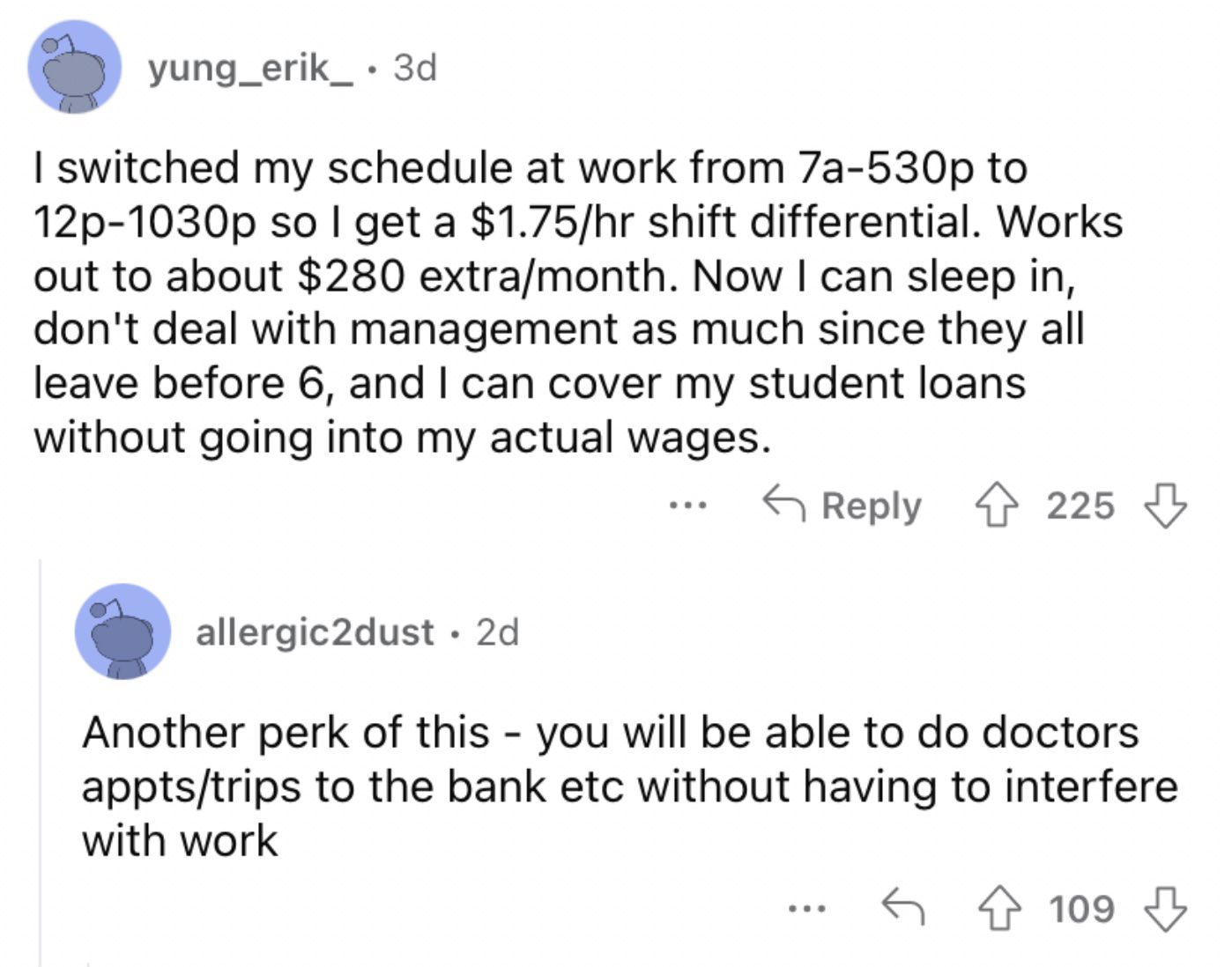 Reddit screenshot on perks of mixing up the hours you work.