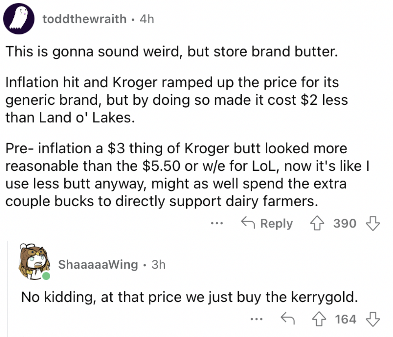 Reddit screenshot about how butter continues to climb in terms of its pricing.