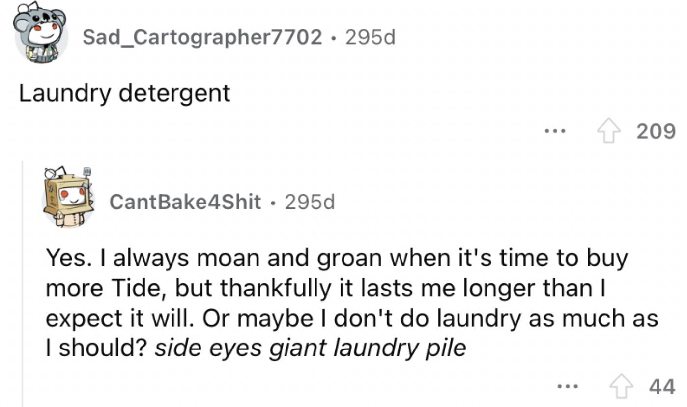 Reddit screenshot of someone talking about pricey laundry detergent.