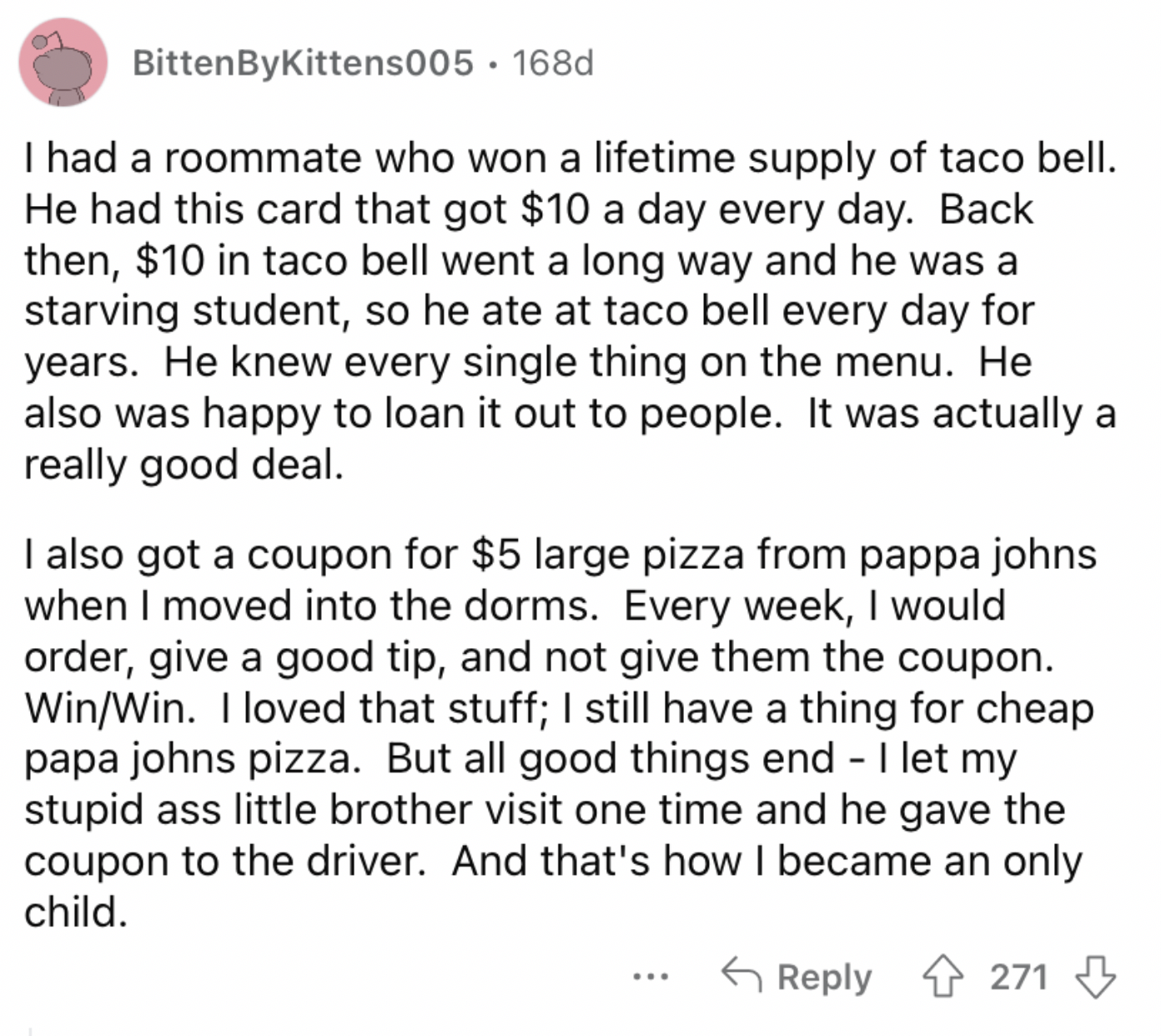 Screenshot from Reddit about lifetime supply winners
