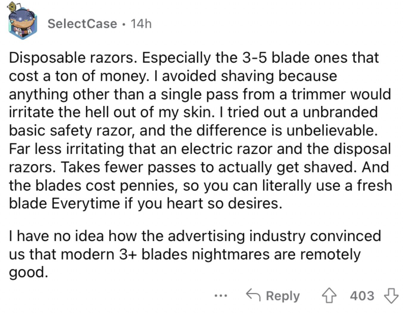 Reddit screenshot about how cheap razors are actually effective.