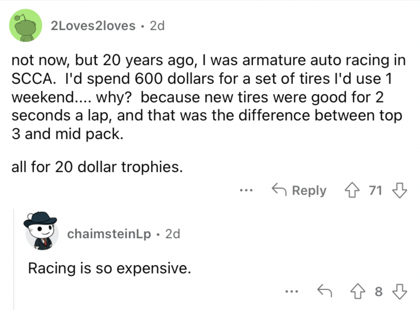 Reddit screenshot about racing being a crazy expensive hobby.