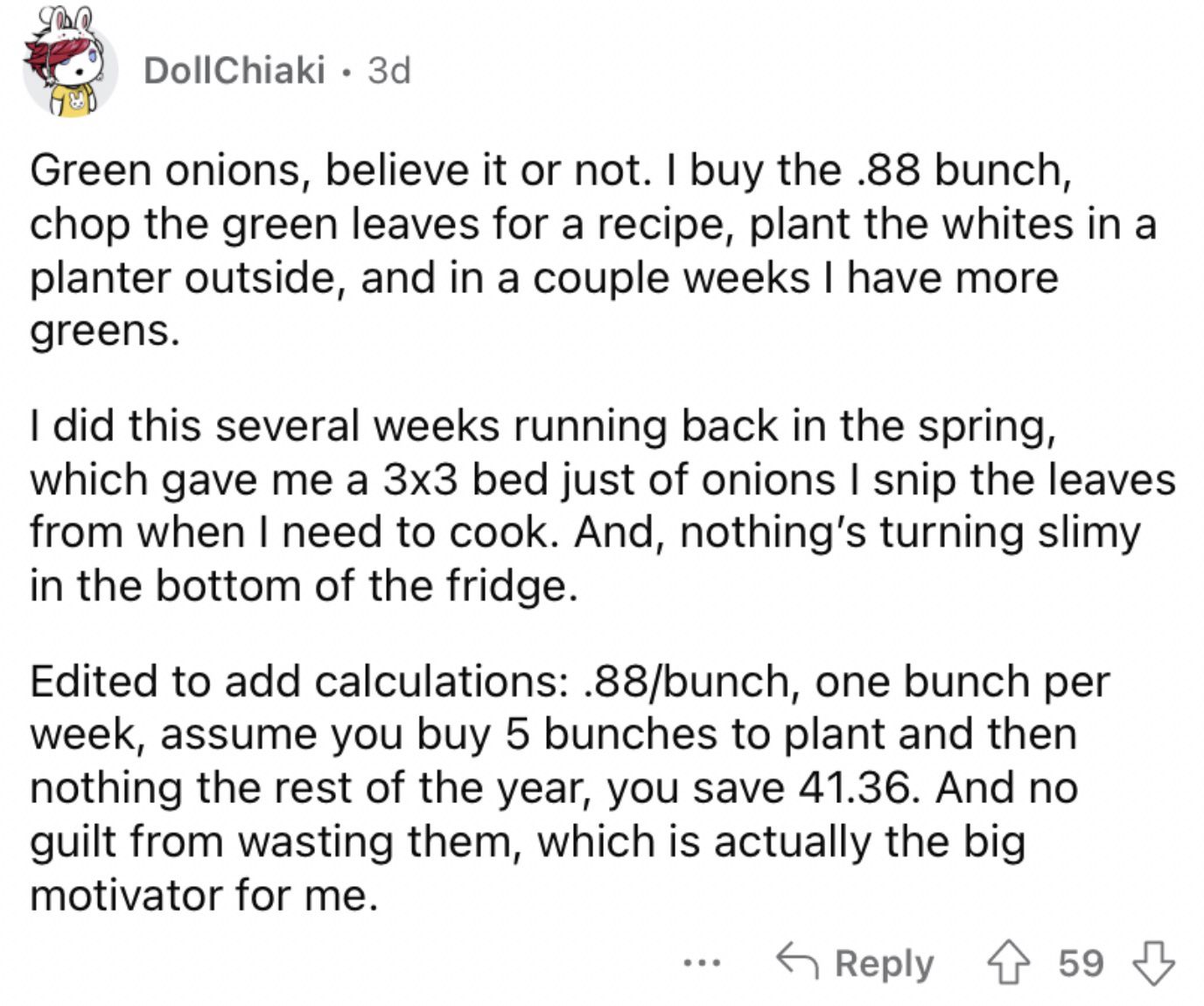 Reddit screenshot on getting more value out of your green onions.